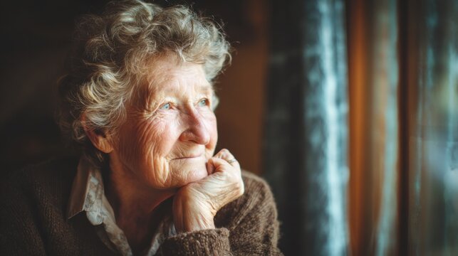 Elderly woman thoughtfully gazing out the window during golden hour, showing reflection and nostalgia in a warm, cozy indoor setting with soft lighting