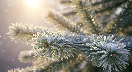 Close up of a snow covered evergreen branch with sunlight in the background