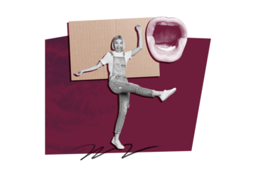 Trend artwork composite banner 3D photo collage of young lady smile happy walk step huge size mouth scream gossip opinion talk copyspace