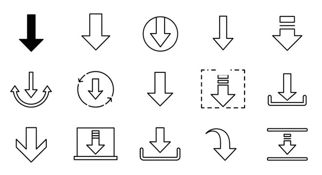 Download icons set featuring upload arrows and data transfer symbols for digital content management and storage solutions