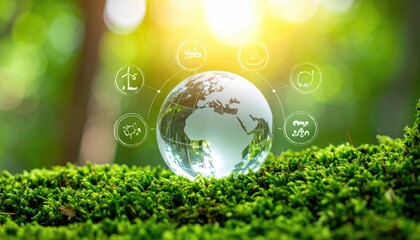 Crystal Earth globe on moss, surrounded by nature and sustainability icons