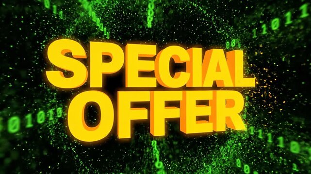 Against a green digital background, the words 'Special Offer' appear in bright yellow using 3D rendering and are examples of keywords consist of one to two words to best