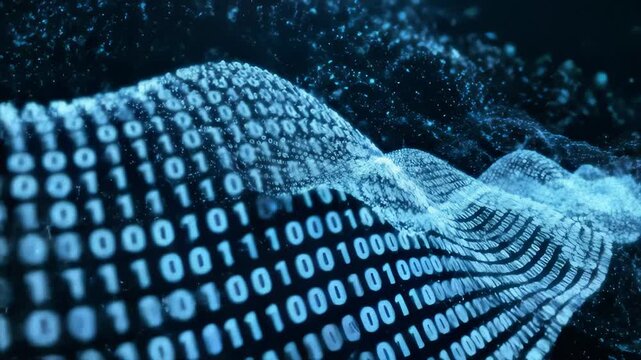 Abstract Binary Code Data Stream Flowing on Dark Blue Background