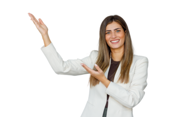 Businesswoman smiling, presenting, and gesturing with hands, indicating blank space for text or product, transparent background