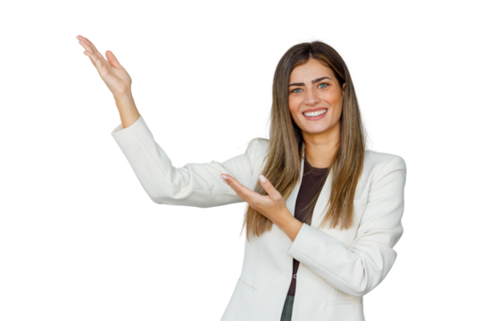 Businesswoman smiling, presenting, and gesturing with hands, indicating blank space for text or product, transparent background