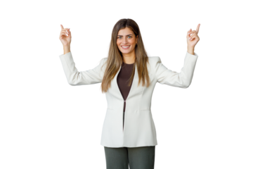 Confident businesswoman pointing up, presenting new ideas, smiling, offering, recommending, showing text or graphics