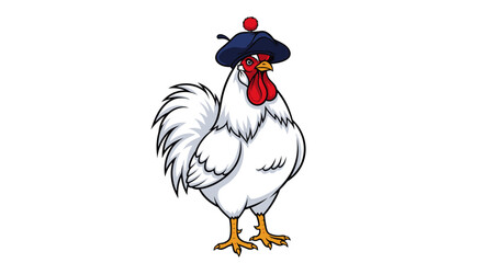 Dapper white rooster sporting a stylish blue beret with a red pompom, ready to strut with confidence and charm.