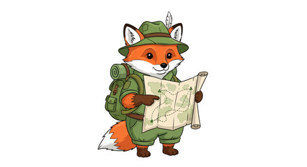Fototapeta premium Adventurous fox explorer with backpack consults a vintage map, ready for discovery and exciting outdoor journeys
