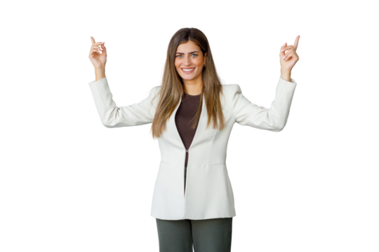 Confident businesswoman pointing up, presenting new ideas, smiling, offering, recommending, showing text or graphics