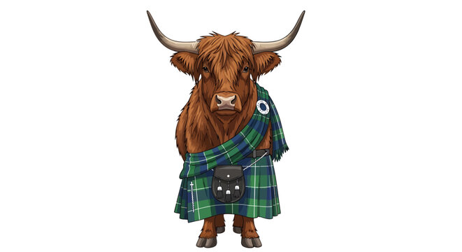 Majestic Highland cow proudly sports traditional tartan kilt and sporran evoking Scottish heritage and charm