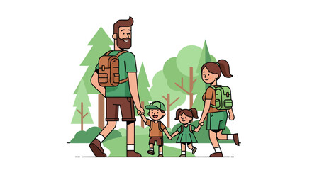 Joyful family with backpacks hiking through a lush green forest, creating lasting memories together on an outdoor adventure.