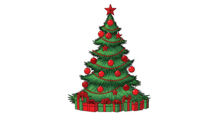 Festive Christmas tree adorned with red ornaments and presents below, ready to bring holiday cheer and seasonal celebration to any project.