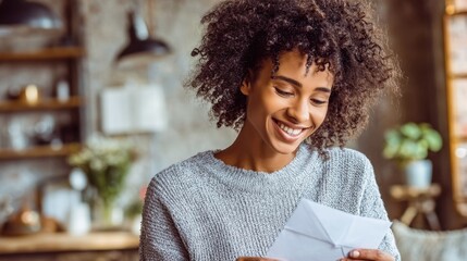 Young woman reading heartfelt letter at home, smiling with natural light, cozy atmosphere, casual sweater, joyful expression, emotions of nostalgia and connection