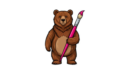 Whimsical bear artist ready to paint a masterpiece with a vibrant pink brush, perfect for children's books, creative projects, and fun designs
