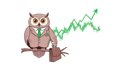 Wise investor owl in suit holding briefcase watching rising stock market trends, representing financial success and smart investments for your business