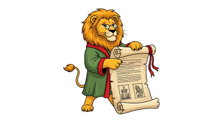 Whimsical lion character reading ancient scroll with glasses, perfect for storybooks, education, or playful projects needing a touch of regal fun
