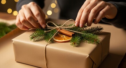 Hands wrapping gift with natural decorations on wooden table  