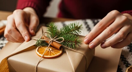 Person wrapping Christmas gift with natural decorations on table  
