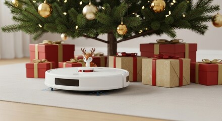Robot vacuum cleaner decorated as reindeer under Christmas tree  