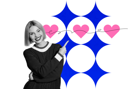 Composite trend artwork 3D sketch image collage of heart like popular social media follow click young lady finger point smile student cute