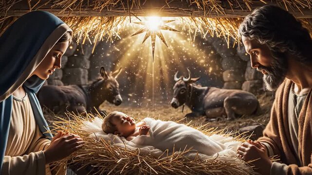 Nativity Scene of Jesus Christ - A star shines brightly over the manger of baby Jesus Christ in this Christmas nativity scene. Mary and Joseph watch over the newborn baby in a humble stable.