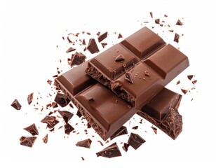 Broken dark chocolate bar with shattered pieces