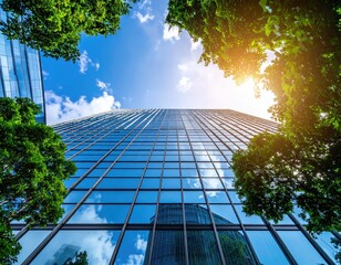 Modern skyscraper, framed by lush greenery, reaching towards a vibrant sky