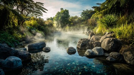 Obraz premium Steaming Hot Spring Surrounded by Lush Greenery, Mist Gently Rising Over Naturally Arranged Rocks, Serene and Inviting Atmosphere