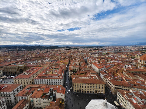 Fototapeta High angle view of Florence old town with red rooftops and city streets