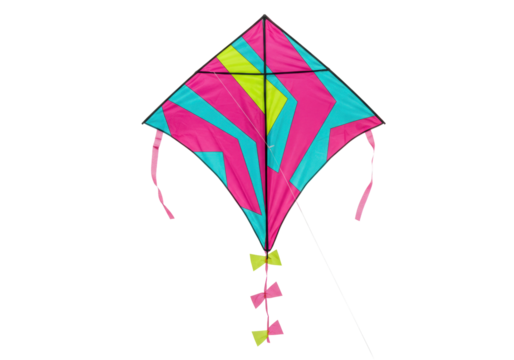 Isolated colorful kite with bright streamers dancing in air for outdoor activity and games