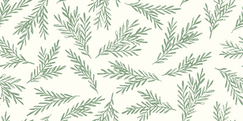 Minimal christmas seamless pattern with pine branches. Flat hand drawn vector illustration