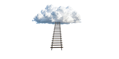a step ladder leading to a white cloud, isolated on transparent background, a symbol of growth and development