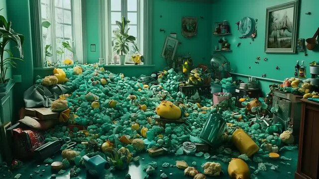 Overflowing Oddities: A surreal room scene with an abundance of strange elements and objects