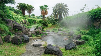 Steaming Hot Spring Surrounded by Lush Greenery, Mist Gently Rising Over Naturally Arranged Rocks, Serene and Inviting Atmosphere