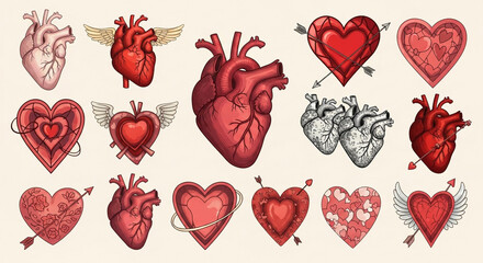 Vibrant collection of artistic hearts and anatomical hearts symbolizing love, passion, and life's intricate emotions in a beautiful display.