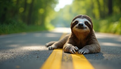 Obraz premium Sloth lies on asphalt road with paws on yellow line. Brown fur and white face visible. Blurred greenery in background. Slow animal relaxing on roadway. Claws grip yellow marking.