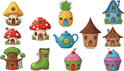 Fairy tale house illustrations, whimsical mushroom cottages, boot home, cupcake dwellings, fantasy architecture, cute cartoon, fairy world