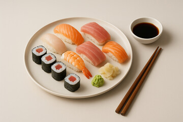 Assorted Sushi Platter with Soy Sauce and Chopsticks on Minimal Background