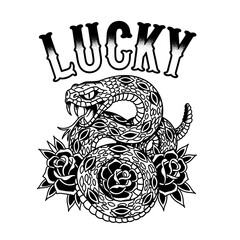 A snake coiled around roses with the word lucky above vector