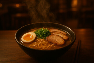 Steaming Bowl of Traditional Japanese Ramen with Egg, Pork, and Green Onions