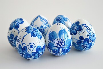 Six hand painted easter eggs with blue floral decoration on a white background are waiting for the celebrations