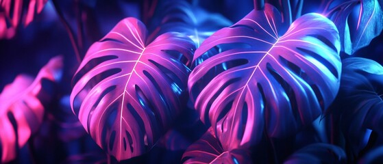 Vibrant Monstera Leaf Neon Banner Design