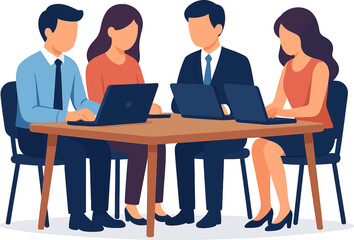 Team of professionals collaborating on laptops at a table in a modern business meeting environment