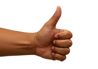 Isolated hand gives thumbs-up gesture of approval, agreement, positivity, and encouragement