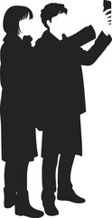 Vector silhouette illustration of two people taking selfie in long coats for social media concept, digital interaction theme, and urban style design
