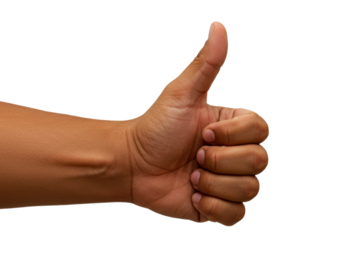Isolated hand gives thumbs-up gesture of approval, agreement, positivity, and encouragement