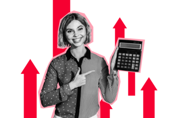 Composite photo collage of happy accountant girl point calculator tool arrow up success income economy growth isolated on painted background