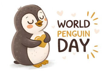 Adorable cartoon penguin holding a heart with closed eyes celebrating world penguin day with festive text and celebratory elements perfect for greeting cards and social media