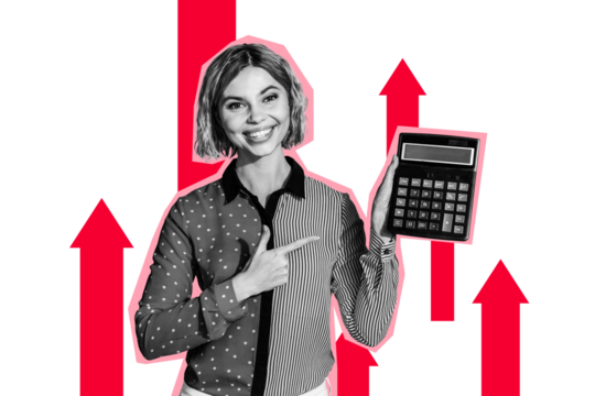 Composite photo collage of happy accountant girl point calculator tool arrow up success income economy growth isolated on painted background