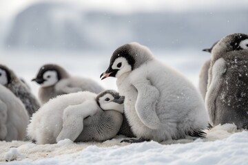A group of fluffy emperor penguin chicks huddle together in a snowy antarctic landscape showcasing their downy feathers and curious expressions